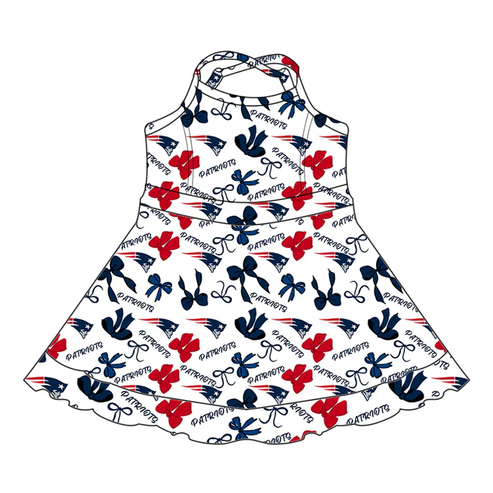 6.30 Preorder (moq 5)Baby Girls Strap Bows Plaid Patriots Shorts Ruffle Team Knee Length Dresses