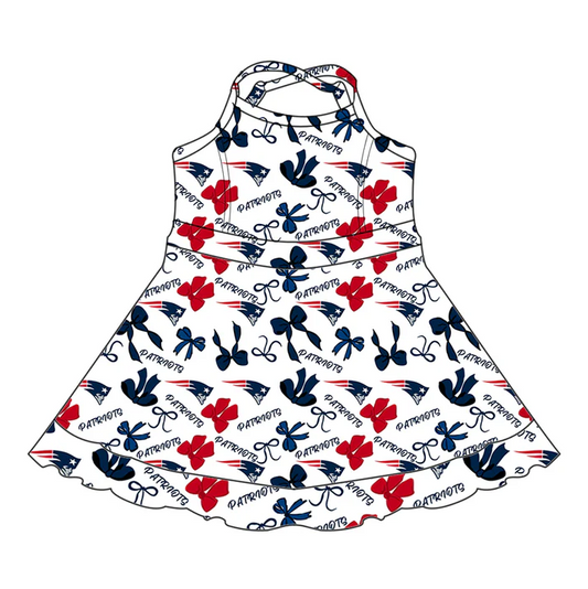 6.30 Preorder (moq 5)Baby Girls Strap Bows Plaid Patriots Shorts Ruffle Team Knee Length Dresses