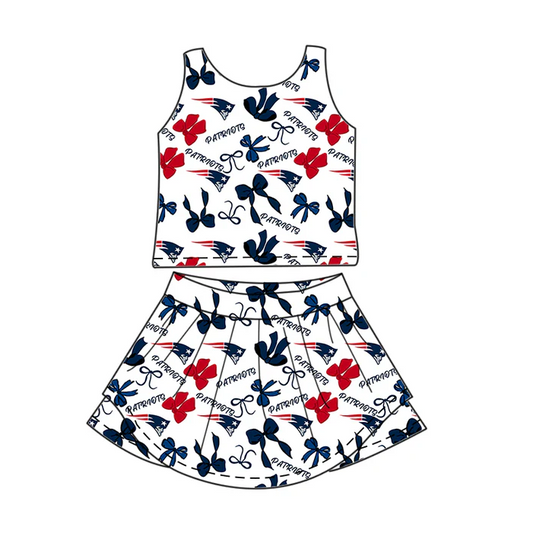 6.30 Preorder (moq 5)Baby Girls Sleeveless Bows Plaid Patriots Top Skorts Team Set