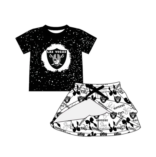 6.30 Preorder (moq 5)Baby Girls Black Short Sleeves Raiders Top Bows Plaid Skorts Team Set