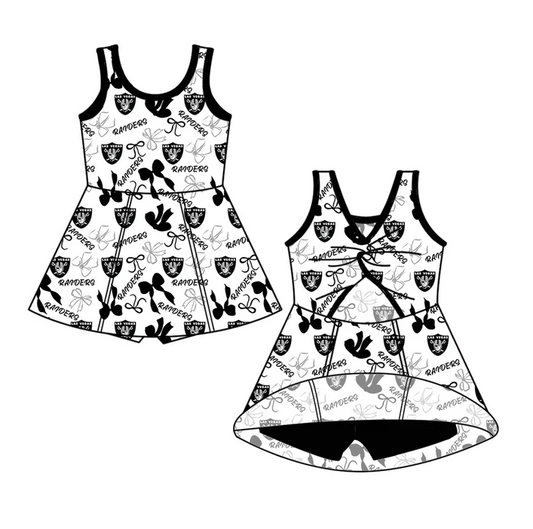 6.30 Preorder (moq 5)Baby Girls Sleeveless Black Bows Plaid Raiders Shorts Team Knee Length Dresses