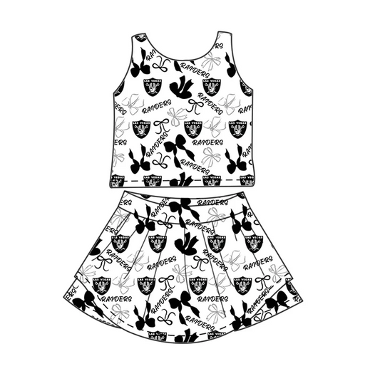 6.30 Preorder (moq 5)Baby Girls Sleeveless Black Bows Plaid Raiders Top Skorts Team Set