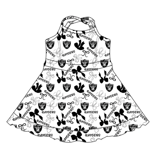 6.30 Preorder (moq 5)Baby Girls Strap Black Bows Plaid Raiders Short Ruffle Team Knee Length Dresses