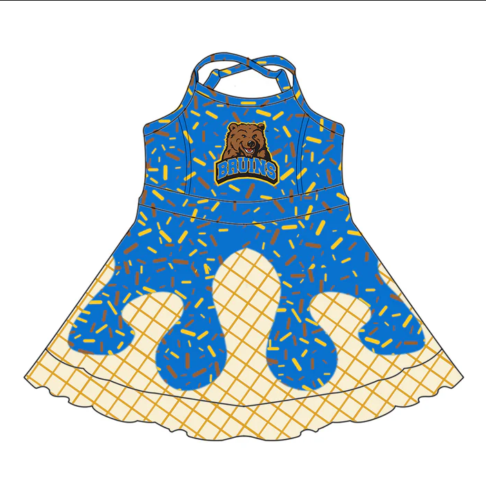 6.30 Preorder (moq 5)Baby Girls Blue Strap Bruins Drip Shorts Ruffle Team Knee Length Dresses