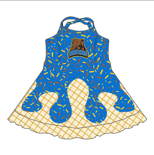 6.30 Preorder (moq 5)Baby Girls Blue Strap Bruins Drip Shorts Ruffle Team Knee Length Dresses