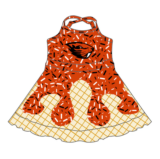 6.30 Preorder (moq 5)Baby Girls Strap Orange Eagle Drip Shorts Ruffle Team Knee Length Dresses