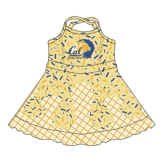 6.30 Preorder (moq 5)Baby Girls Yellow Strap Golden Bears Drip Shorts Ruffle Team Knee Length Dresses