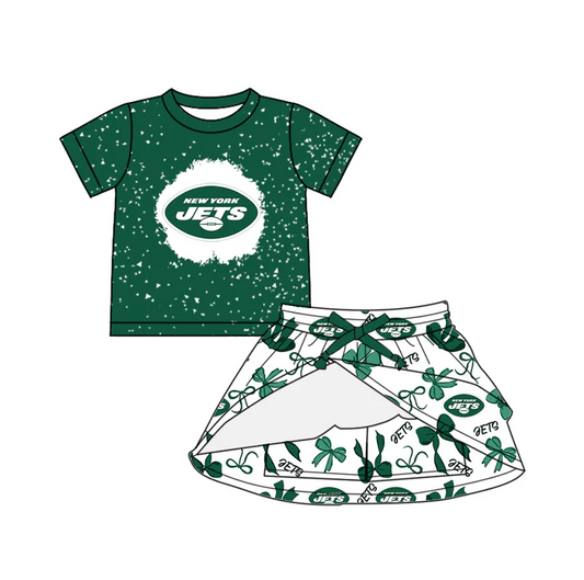 7.1 Preorder (moq 5)Baby Girls Green Short Sleeves Jets Top Bows Plaid Skorts Team Set