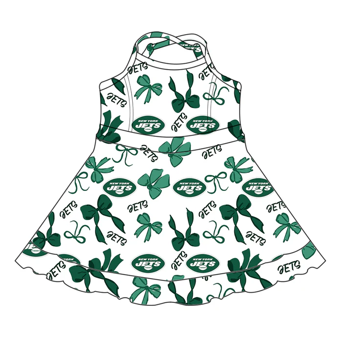 7.1 Preorder (moq 5)Baby Girls Strap Green Bows Plaid Jets Short Ruffle Team Knee Length Dresses