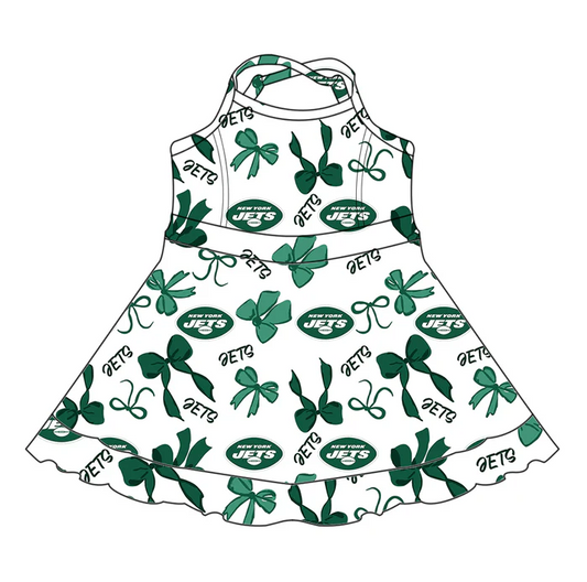 7.1 Preorder (moq 5)Baby Girls Strap Green Bows Plaid Jets Short Ruffle Team Knee Length Dresses