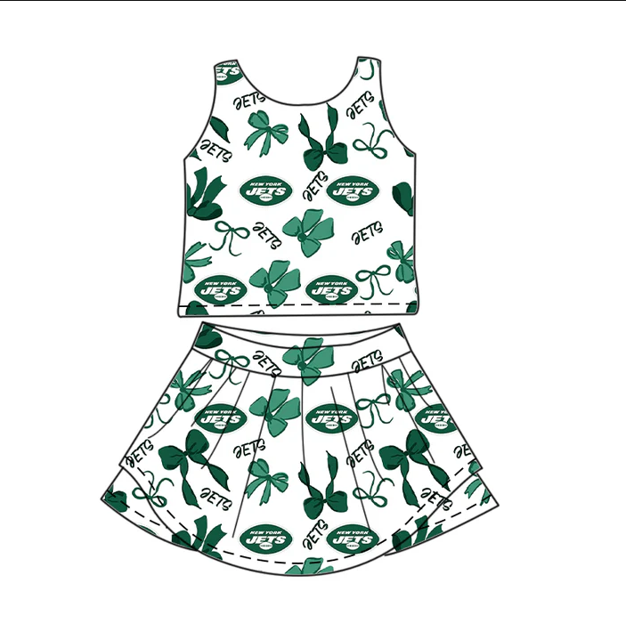 7.1 Preorder (moq 5)Baby Girls Green Sleeveless Bows Plaid Jets Top Skorts Team Set