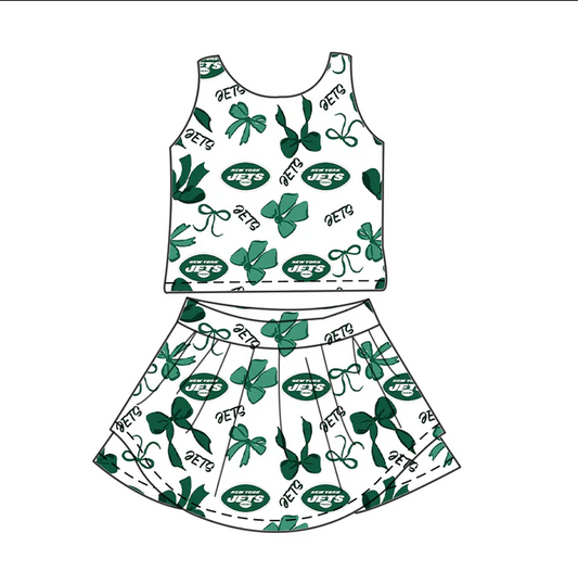 7.1 Preorder (moq 5)Baby Girls Green Sleeveless Bows Plaid Jets Top Skorts Team Set