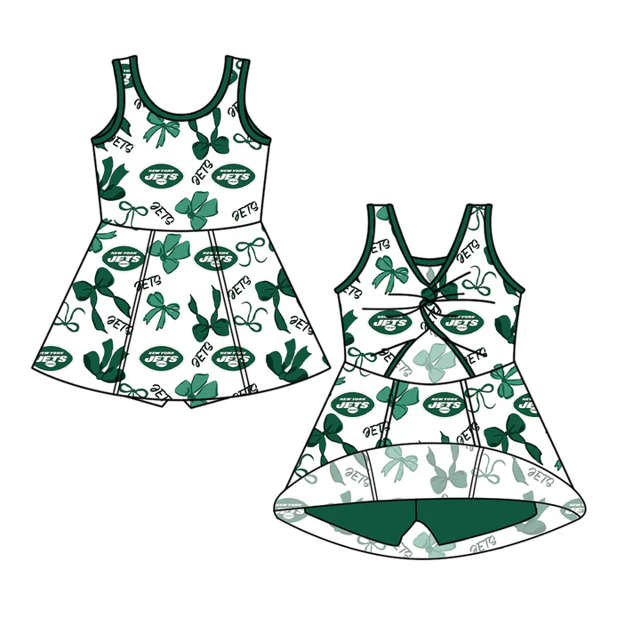 7.1 Preorder (moq 5)Baby Girls Green Sleeveless Jets Bows Plaid Short Team Knee Length Dresses