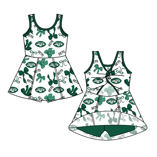 7.1 Preorder (moq 5)Baby Girls Green Sleeveless Jets Bows Plaid Short Team Knee Length Dresses