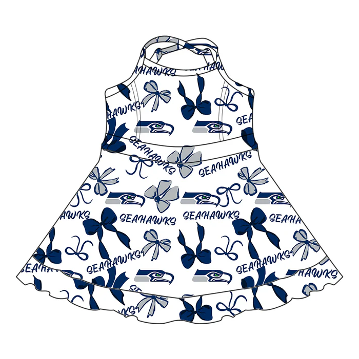 7.1 Preorder (moq 5)Baby Girls Strap Bows Plaid Seahawks Short Ruffle Team Knee Length Dresses