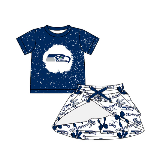 7.1 Preorder (moq 5)Baby Girls Blue Short Sleeves Seahawks Top Bows Plaid Skorts Team Set