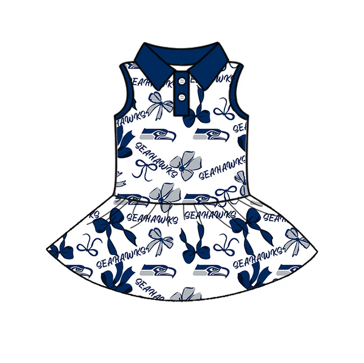 7.1 Preorder (moq 5)Baby Girls Blue Sleeveless Bows Plaid Seahawks Button Team Knee Length Dresses