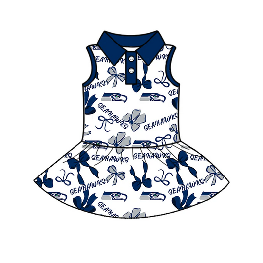 7.1 Preorder (moq 5)Baby Girls Blue Sleeveless Bows Plaid Seahawks Button Team Knee Length Dresses