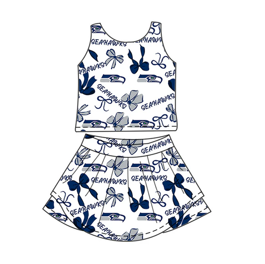 7.1 Preorder (moq 5)Baby Girls Blue Sleeveless Bows Plaid Seahawks Top Skorts Team Set