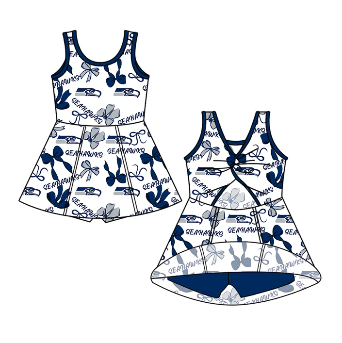 7.1 Preorder (moq 5)Baby Girls Blue Sleeveless Bows Plaid Seahawks Shorts Team Knee Length Dresses