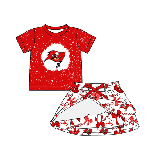 7.1 Preorder (moq 5)Baby Girls Red Short Sleeves Buccaners Top Bows Plaid Skorts Team Set