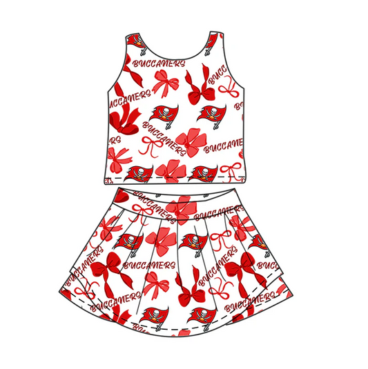 7.1 Preorder (moq 5)Baby Girls Red Sleeveless Bows Plaid Buccaners Top Skorts Team Set