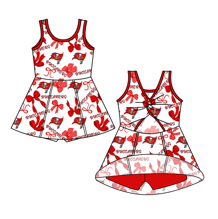 7.1 Preorder (moq 5)Baby Girls Red Sleeveless Bows Plaid Buccaners Shorts Team Knee Length Dresses