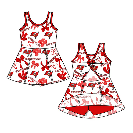 7.1 Preorder (moq 5)Baby Girls Red Sleeveless Bows Plaid Buccaners Shorts Team Knee Length Dresses