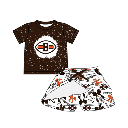 7.1 Preorder (moq 5)Baby Girls Short Sleeves Browns Top Bows Plaid Skorts Team Set