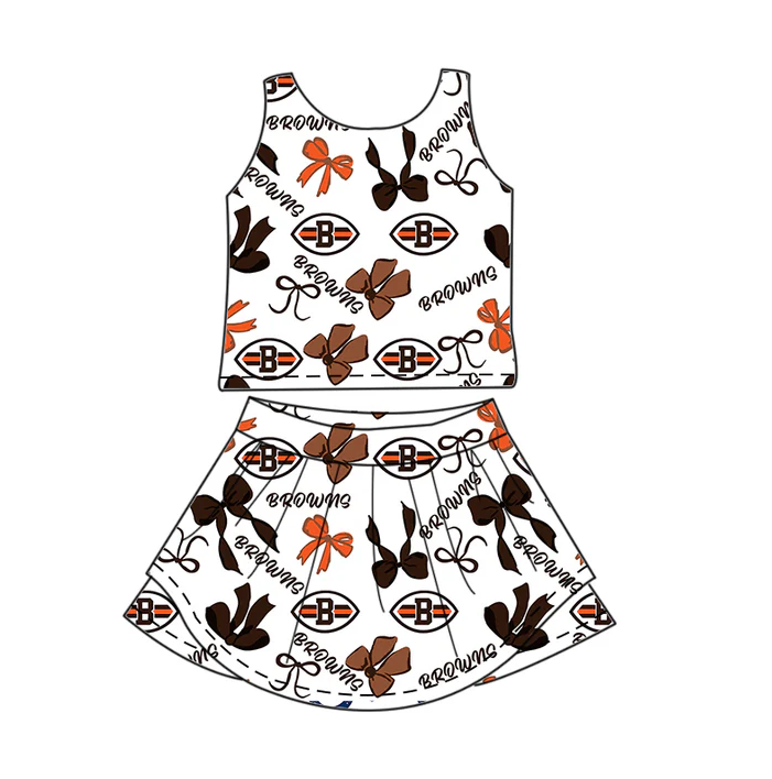 7.1 Preorder (moq 5)Baby Girls Sleeveless Bows Plaid Browns Top Skort Team Set