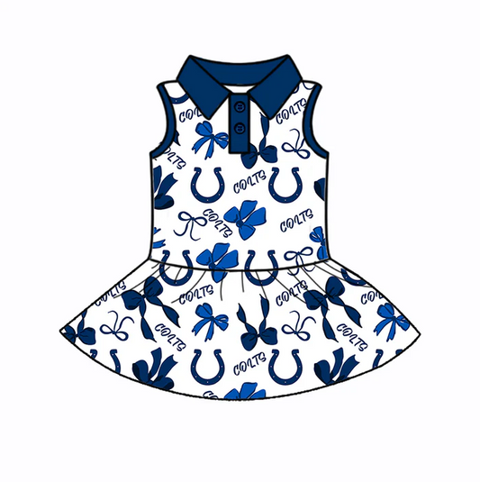 7.1 Preorder (moq 5)Baby Girls Blue Sleeveless Bows Plaid Colts Button Team Knee Length Dresses