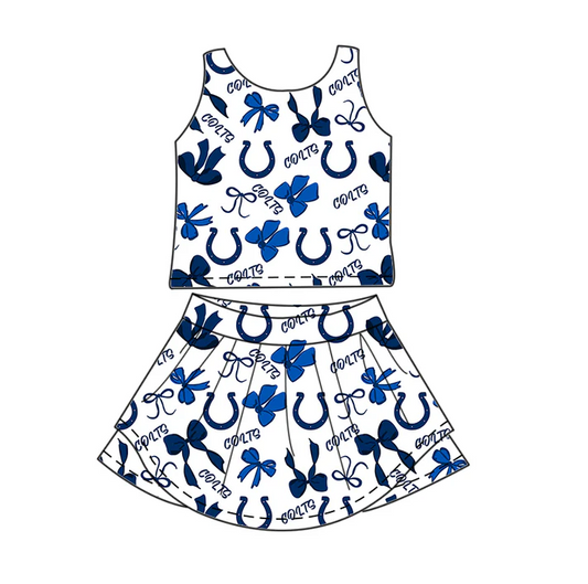 7.1 Preorder (moq 5)Baby Girls Blue Sleeveless Bows Plaid Colts Top Skort Team Set