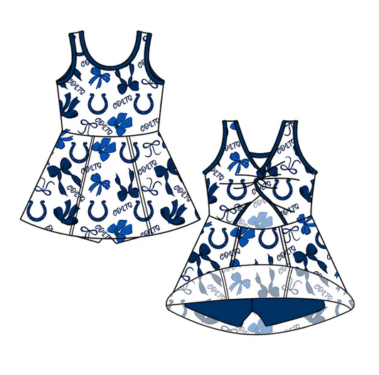 7.1 Preorder (moq 5)Baby Girls Blue Sleeveless Bows Plaid Colts Short Team Knee Length Dresses