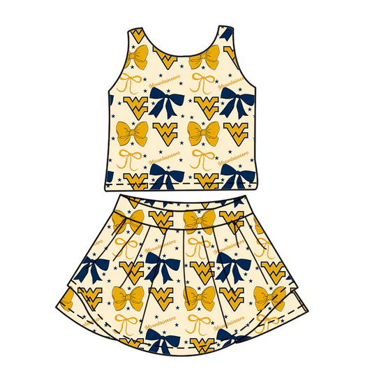 7.1 Preorder (moq 5)Baby Girls Sleeveless Mountaineers Bows Top Skorts Team Sets