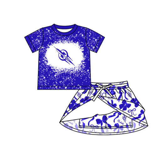 7.1 Preorder (moq 5)Baby Boys Blue Short Sleeves Rokets Top Bows Skorts Team Clothes Sets