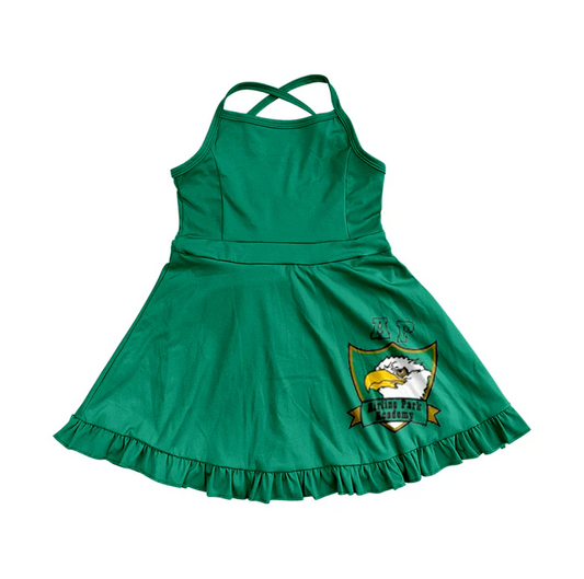 7.1 Preorder (moq 5)Baby Girls Green Straps Airline Park Ruffle Shorts Team Knee Length Dresses