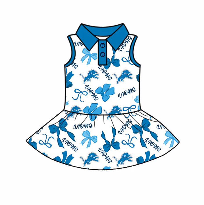 7.1  Preorder (moq 5)Baby Girls Sleeveless Blue Bows Plaid Lions Button Team Knee Length Dresses