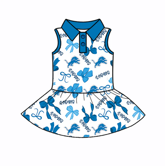 7.1  Preorder (moq 5)Baby Girls Sleeveless Blue Bows Plaid Lions Button Team Knee Length Dresses