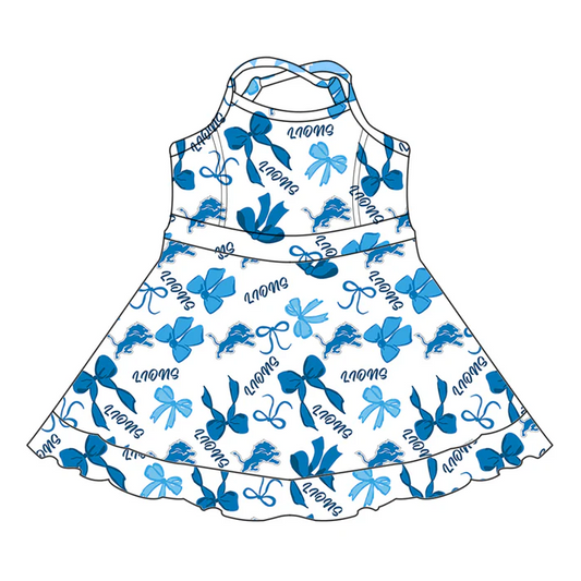 7.1  Preorder (moq 5)Baby Girls Blue Straps Lions Bows Plaid Ruffle Shorts Team Knee Length Dresses