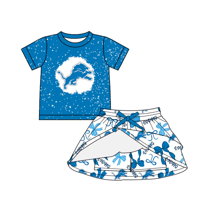 7.1  Preorder (moq 5)Baby Girls Blue Short Sleeves Lions Top Bows Plaid Skorts Team Set