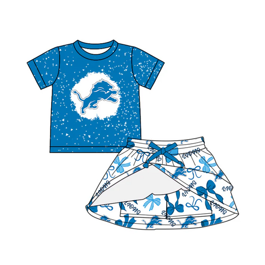 7.1  Preorder (moq 5)Baby Girls Blue Short Sleeves Lions Top Bows Plaid Skorts Team Set