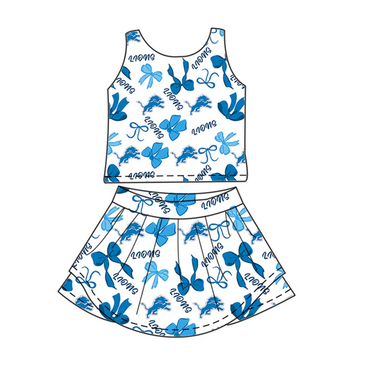 7.1  Preorder (moq 5)Baby Girls Sleeveless Blue Bows Plaid Lions Top Skorts Team Set