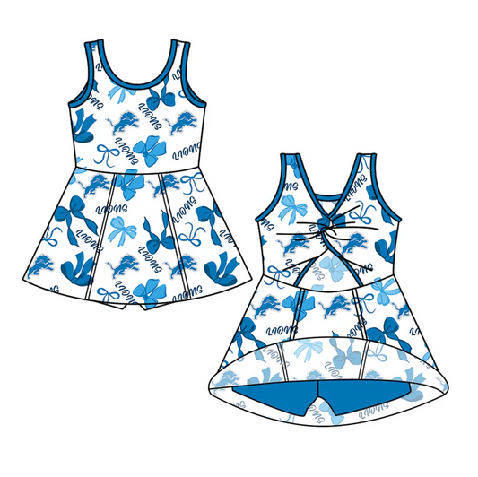 7.1  Preorder (moq 5)Baby Girls Sleeveless Blue Bows Plaid Lions Shorts Team Knee Length Dresses