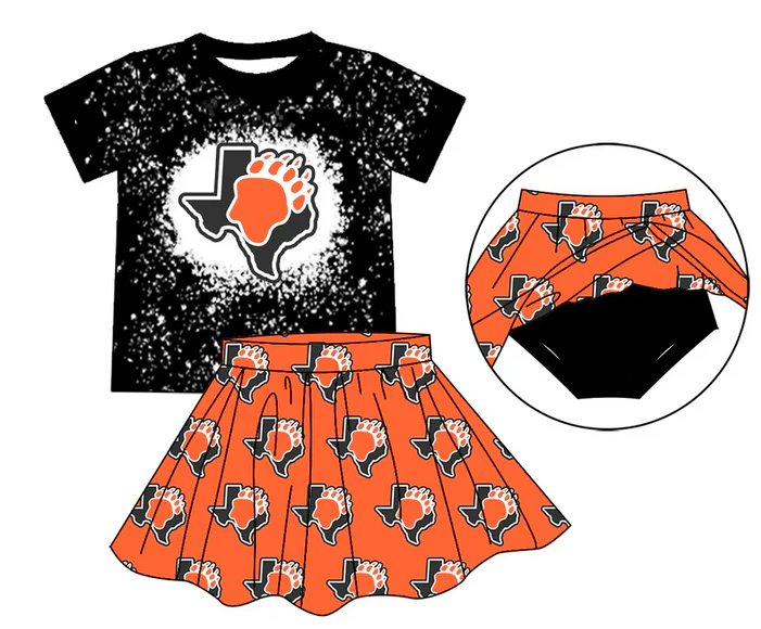 7.2 Preorder (moq 5)Baby Girls Black Paw Top Bummie Skorts Team Sets
