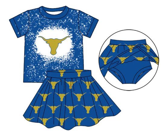 7.2 Preorder (moq 5)Baby Girls Blue Cow Top Bummie Skorts Team Sets