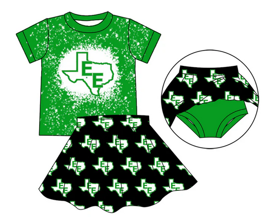 7.2 Preorder (moq 5)Baby Girls Green E Top Bummie Skorts Team Sets