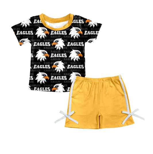 7.2 Preorder (moq 5)Baby Girls Black Eagles Team Top Bows Shorts Sets