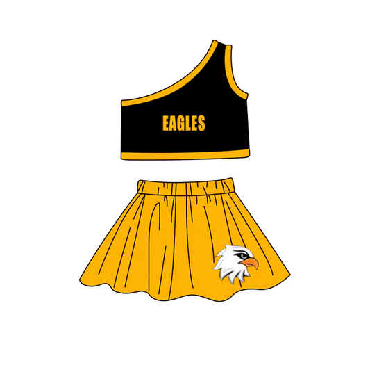 7.2 preorder(MOQ 5) Baby Girls One Shoulder Eagles Cheer Team Top Skirt Clothes Sets