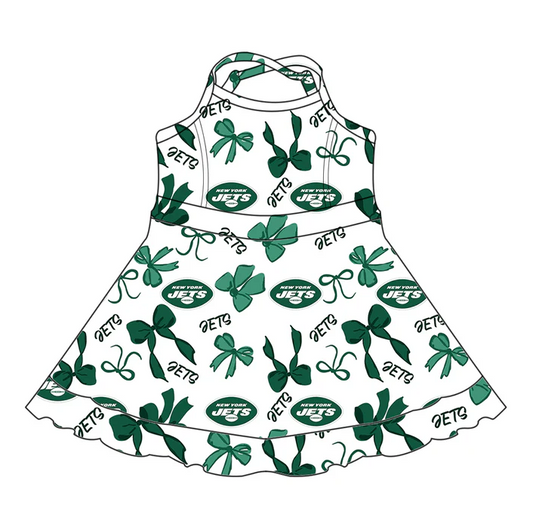 7.2 Preorder (moq 5)Baby Girls Strap Green Bows Plaid Jets Short Ruffle Team Knee Length Dresses
