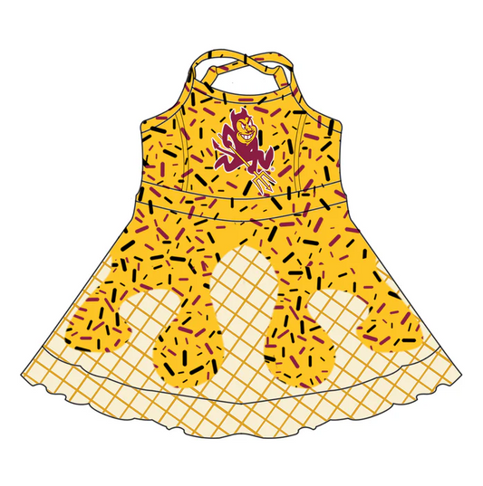 7.2 Preorder (moq 5)Baby Girls Yellow Strap Trident Drip Shorts Ruffle Team Knee Length Dresses